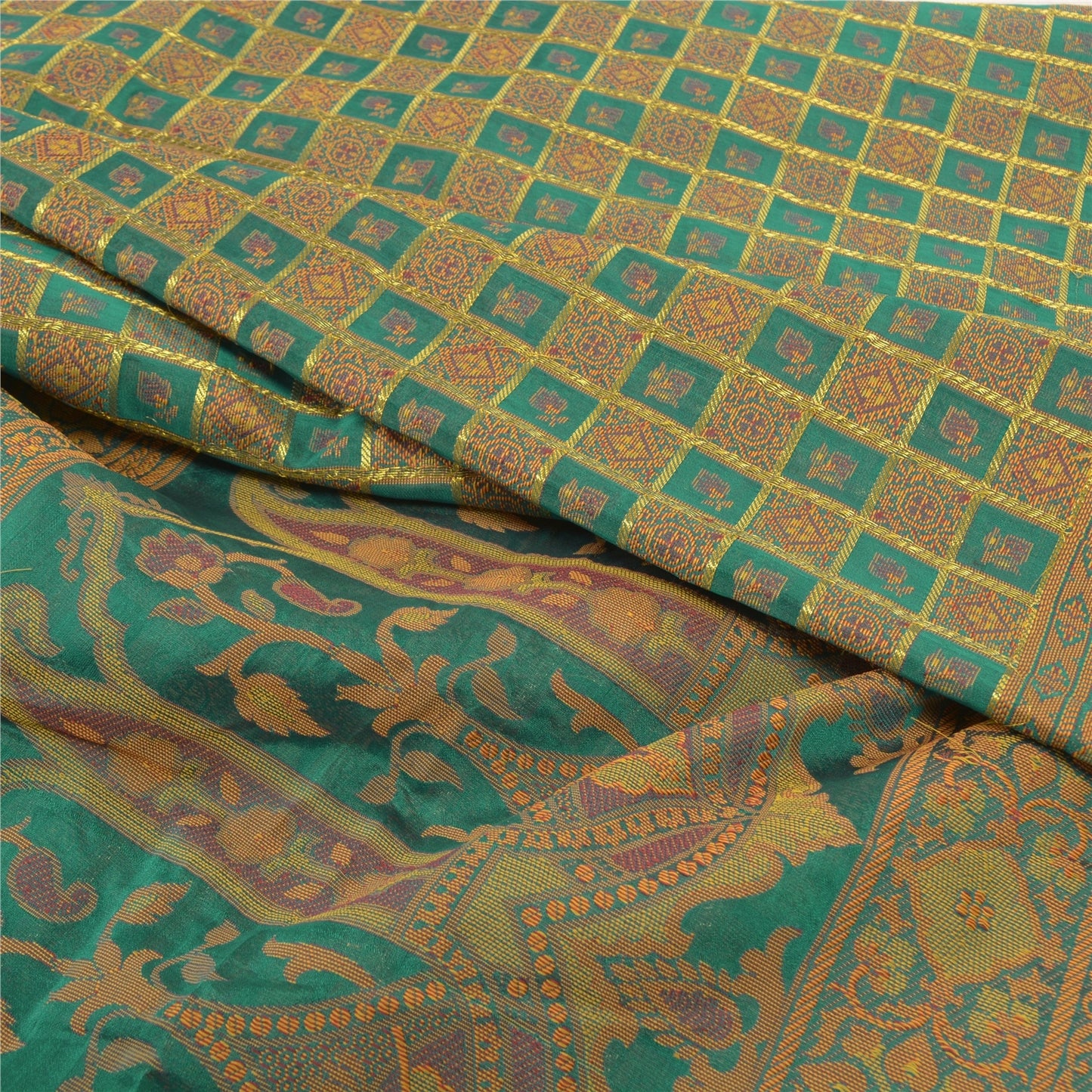 Sanskriti Vintage Rama Green Sarees Blend Georgette Hand- Woven Sari Sustainable Fabric