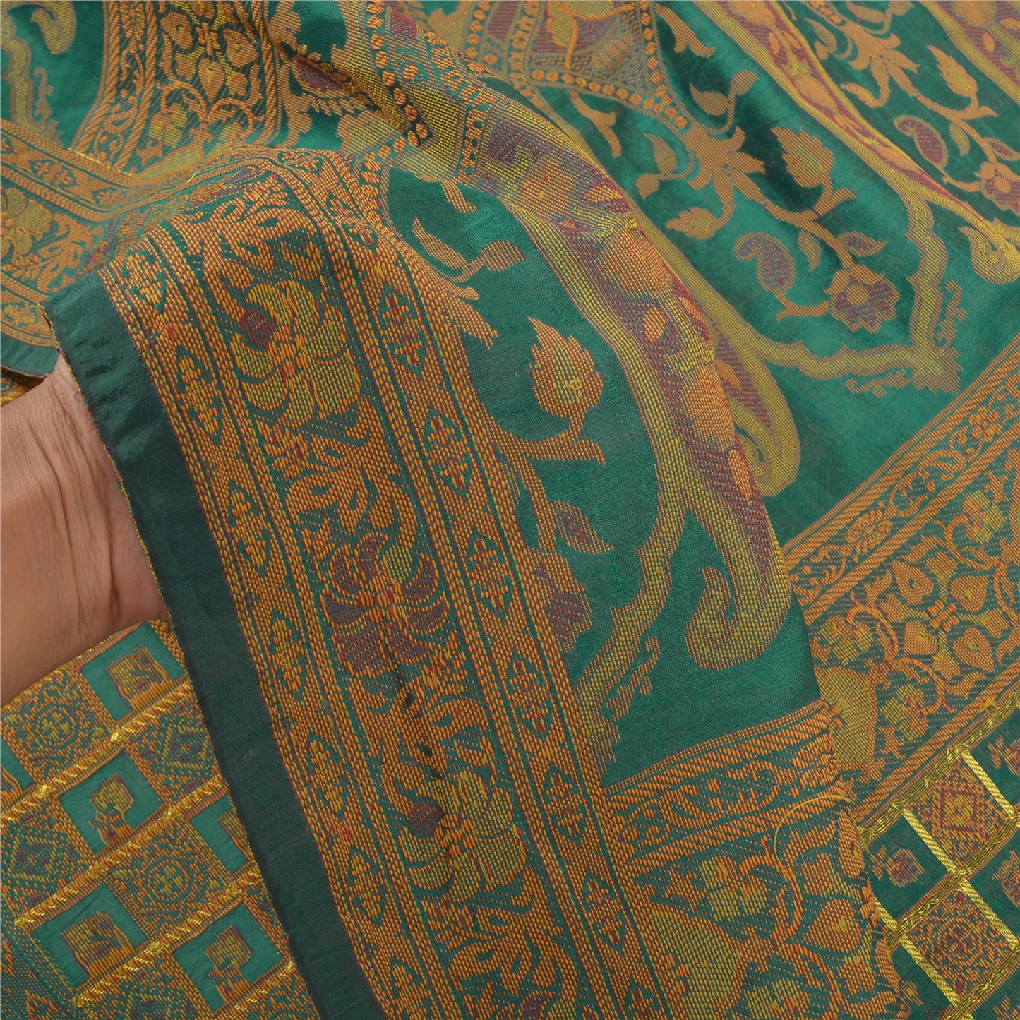 Sanskriti Vintage Rama Green Sarees Blend Georgette Hand- Woven Sari Sustainable Fabric