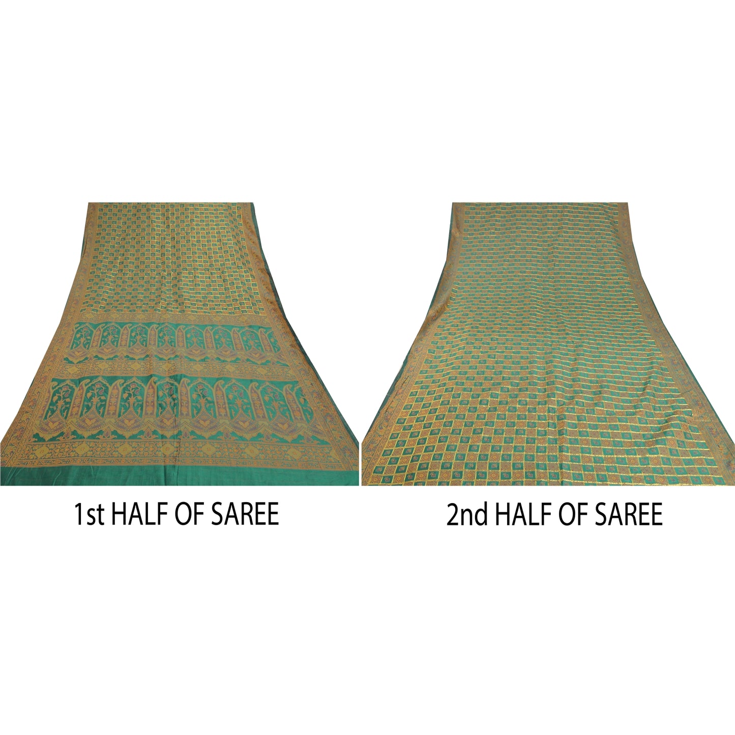 Sanskriti Vintage Rama Green Sarees Blend Georgette Hand- Woven Sari Sustainable Fabric