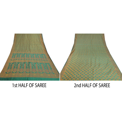 Sanskriti Vintage Rama Green Sarees Blend Georgette Hand- Woven Sari Sustainable Fabric
