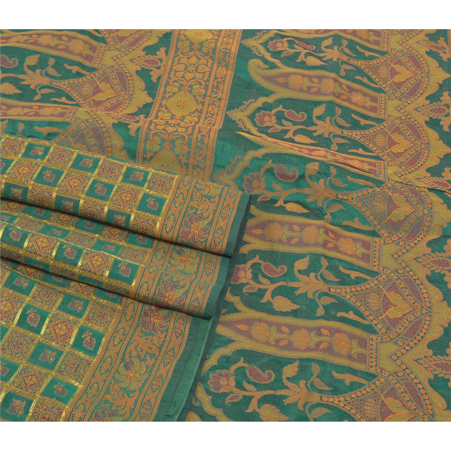 Sanskriti Vintage Rama Green Sarees Blend Georgette Hand- Woven Sari Sustainable Fabric