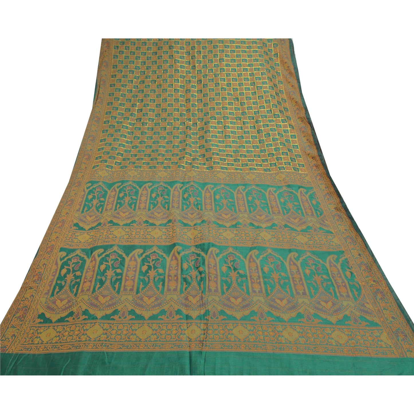 Sanskriti Vintage Rama Green Sarees Blend Georgette Hand- Woven Sari Sustainable Fabric
