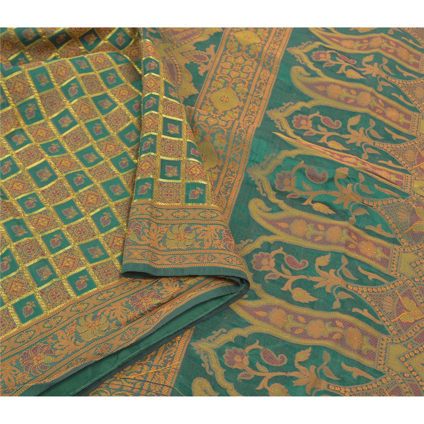 Sanskriti Vintage Rama Green Sarees Blend Georgette Hand- Woven Sari Sustainable Fabric