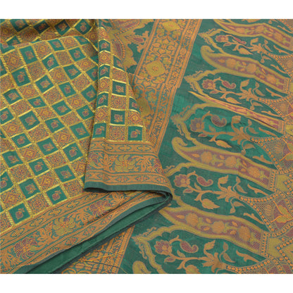 Sanskriti Vintage Rama Green Sarees Blend Georgette Hand- Woven Sari Sustainable Fabric
