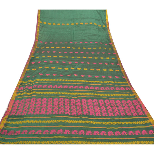 Sanskriti Vintage Green Indian Sarees Blend Silk Hand-Woven Peacock Sari Sustainable Fabric