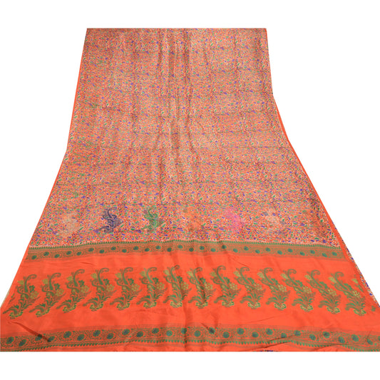 Sanskriti Vintage Orange Indian Sarees Pure Silk Handwoven Sari Craft Sustainable Fabric