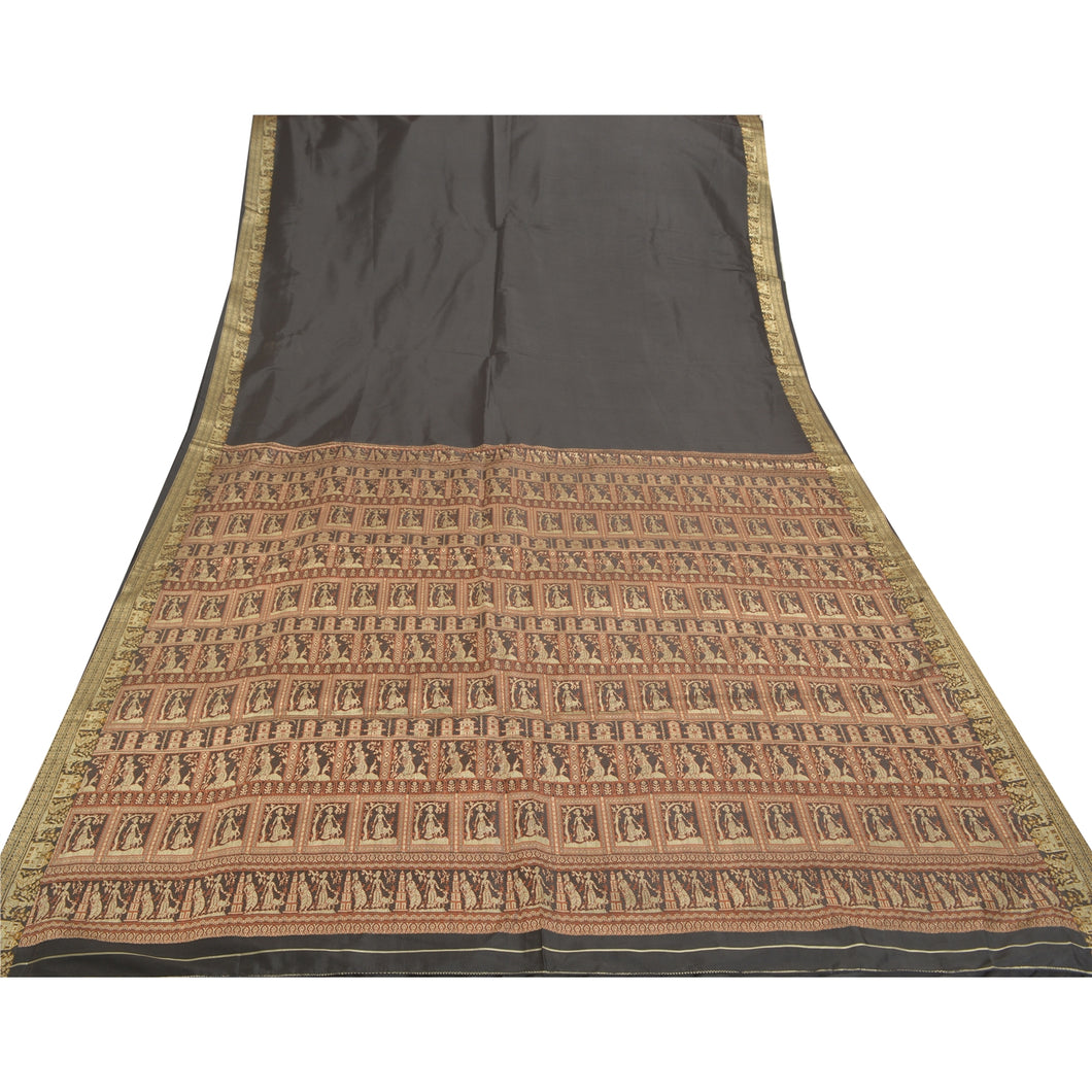 Sanskriti Vintage Handwoven Baluchari Art Silk Sarees Black Premium Sari Fabric