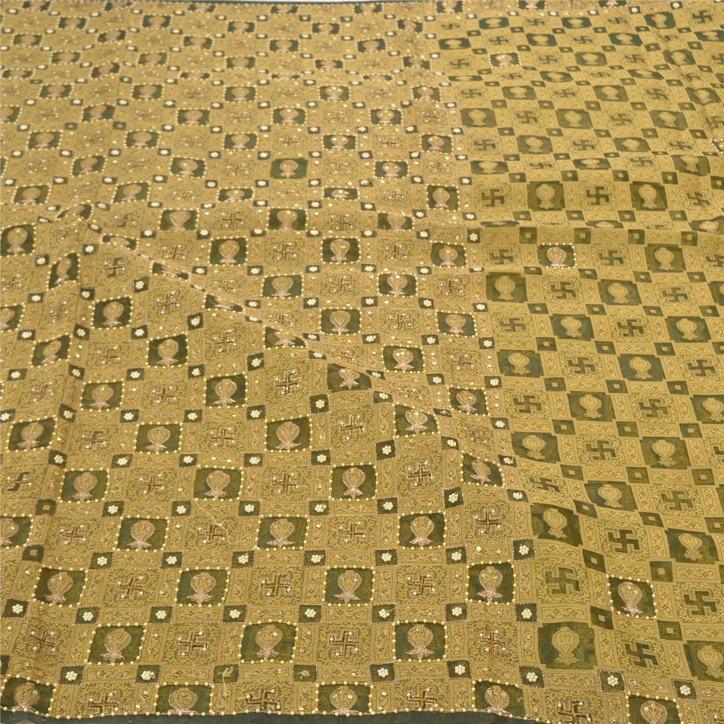 Sanskriti Vintage Green Sarees Pure Organza Silk Beaded Premium Sari Sustainable Fabric