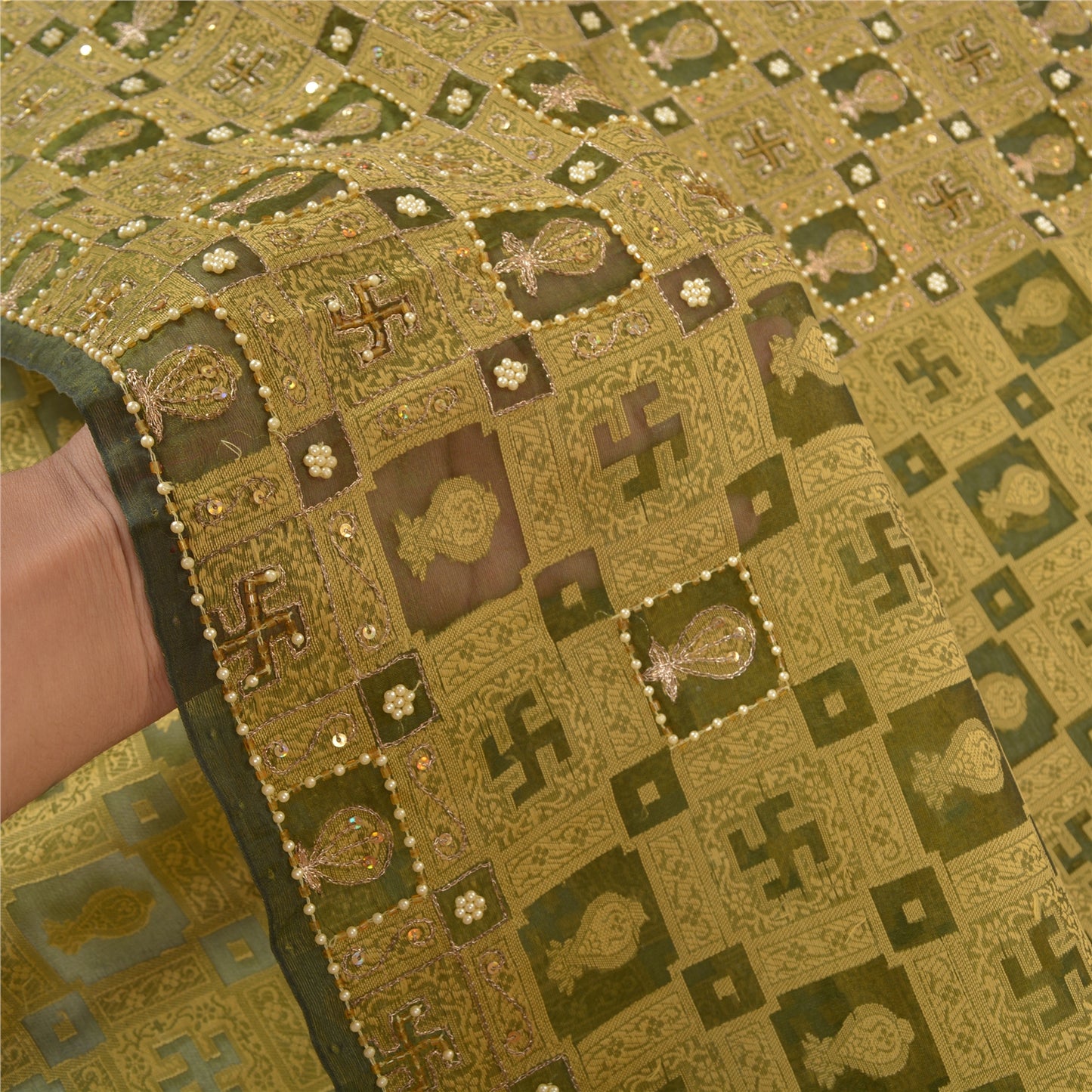 Sanskriti Vintage Green Sarees Pure Organza Silk Beaded Premium Sari Sustainable Fabric