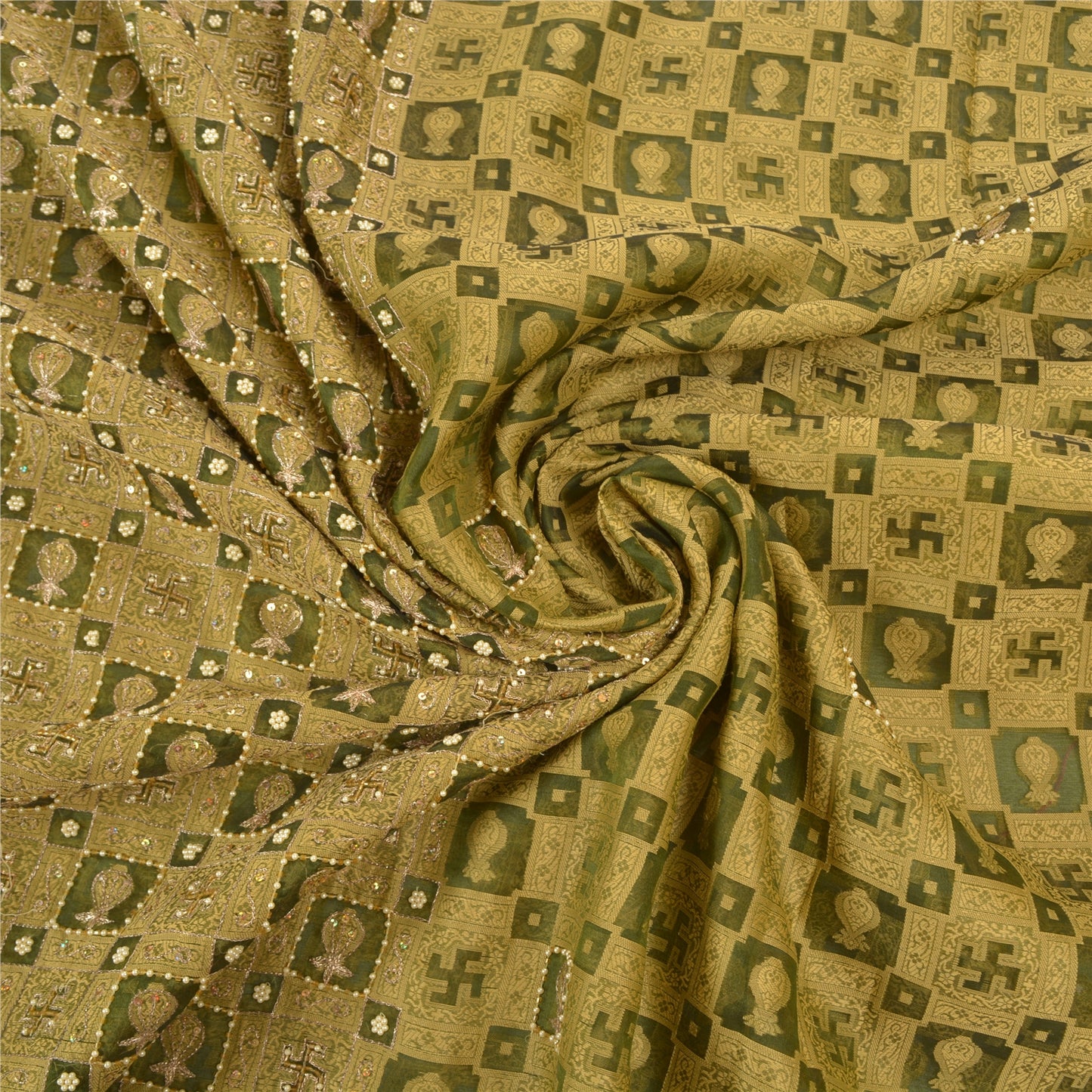 Sanskriti Vintage Green Sarees Pure Organza Silk Beaded Premium Sari Sustainable Fabric