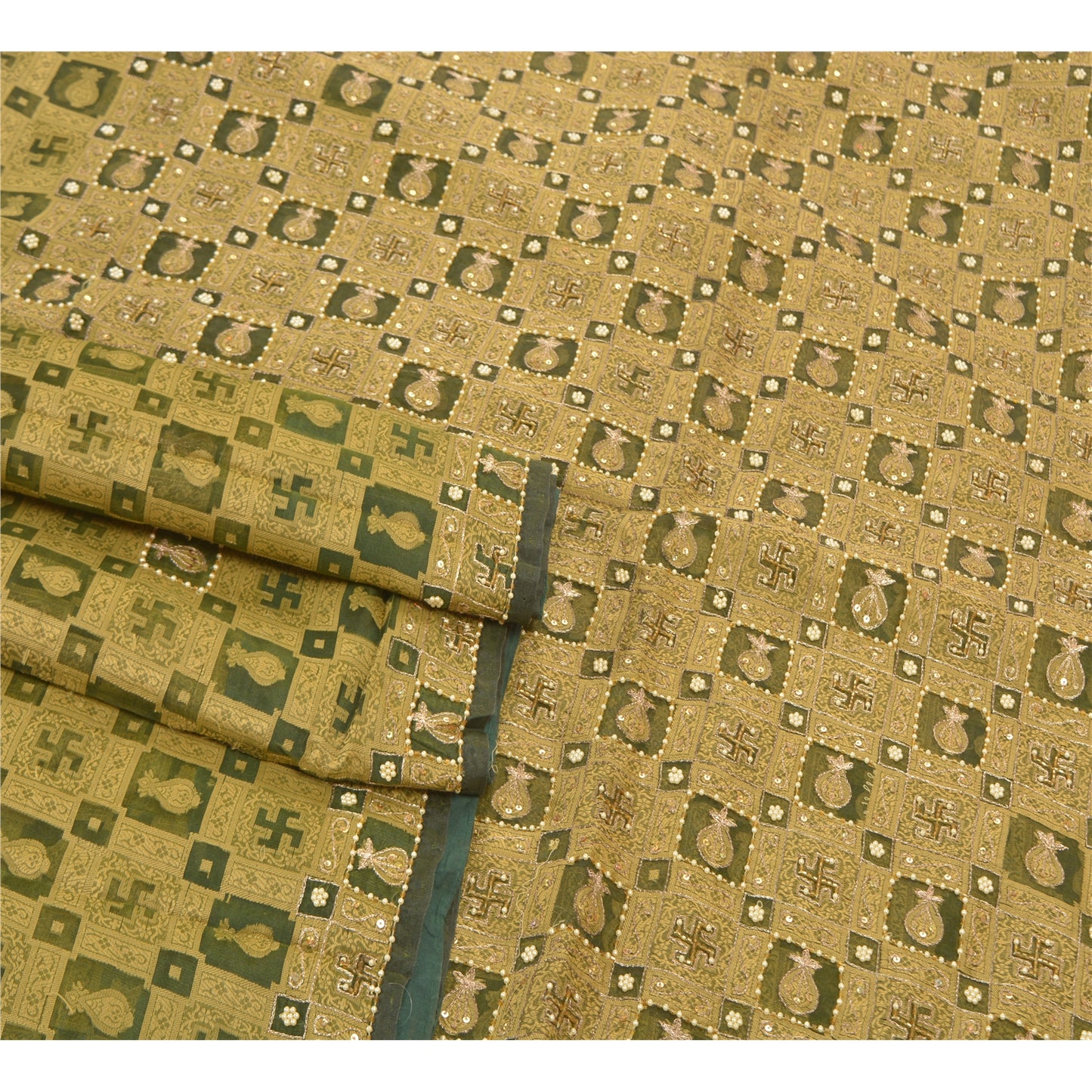 Sanskriti Vintage Green Sarees Pure Organza Silk Beaded Premium Sari Sustainable Fabric