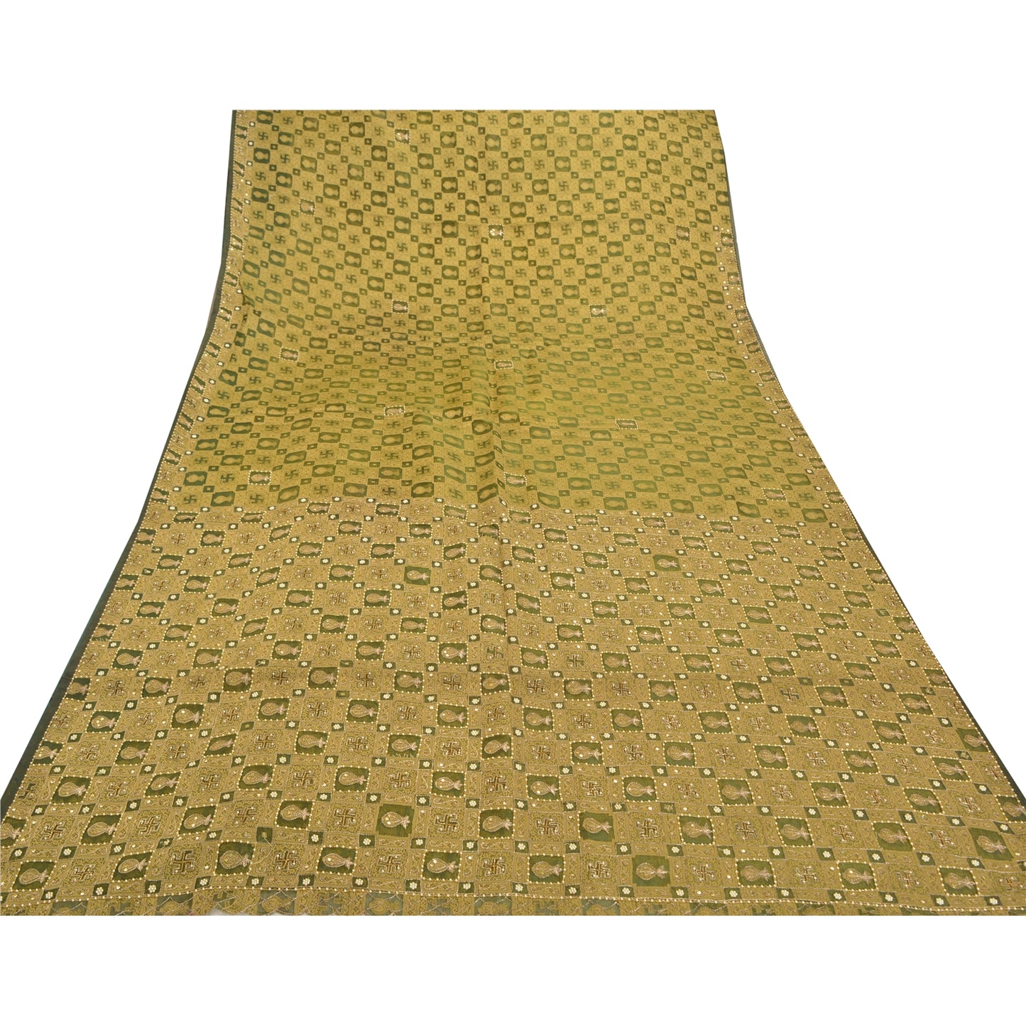 Sanskriti Vintage Green Sarees Pure Organza Silk Beaded Premium Sari Sustainable Fabric