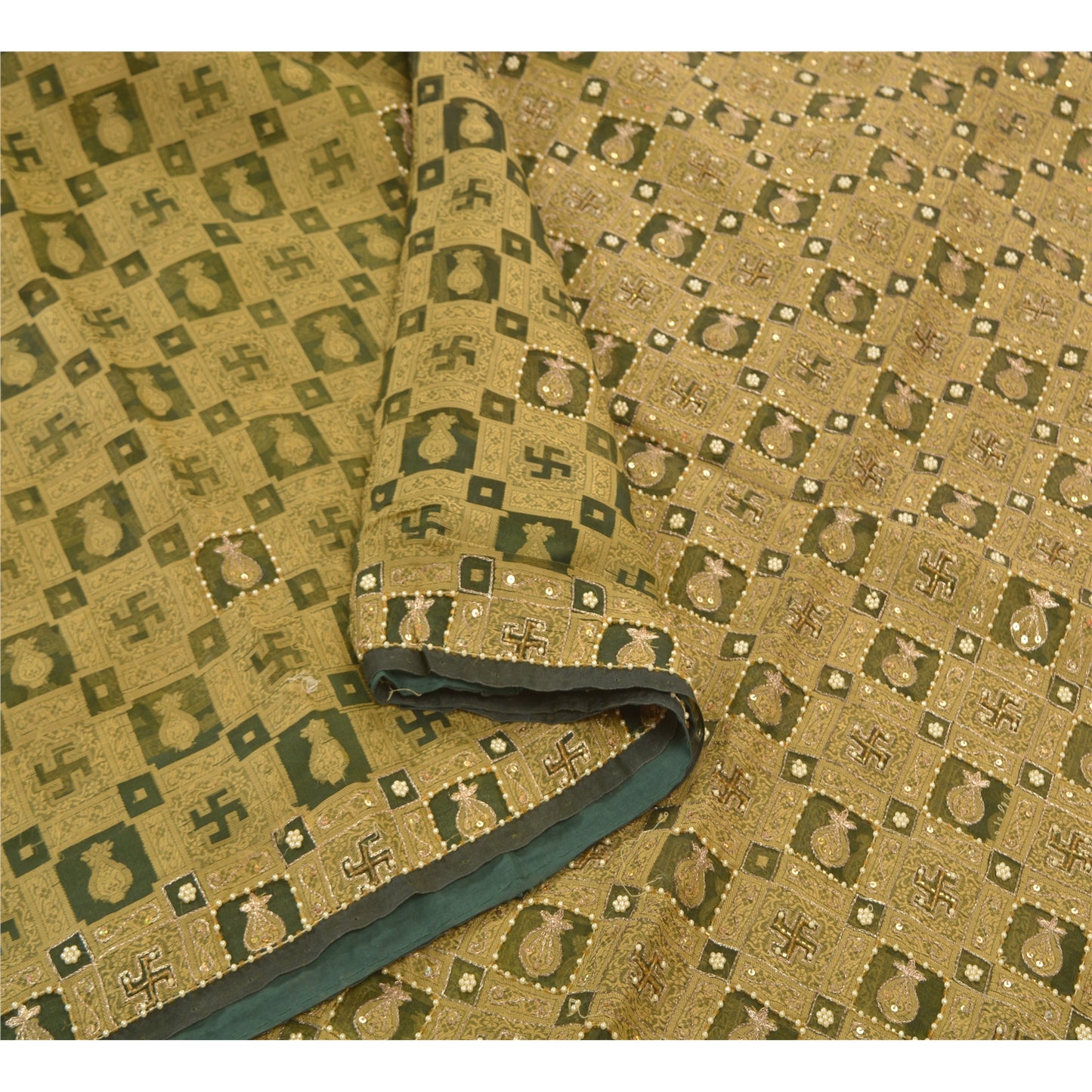 Sanskriti Vintage Green Sarees Pure Organza Silk Beaded Premium Sari Sustainable Fabric