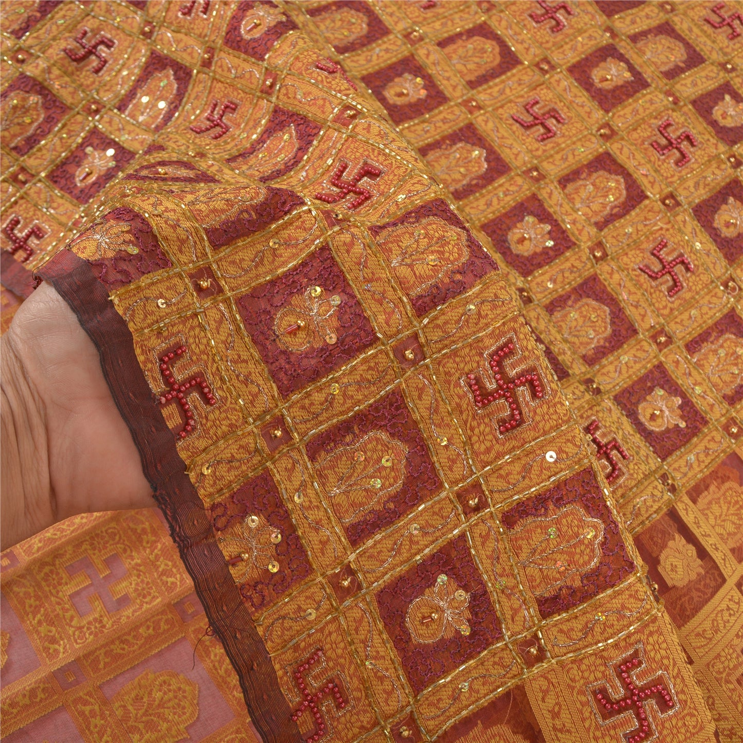 Санскритские винтажные сари из чистой органзы из шелка, расшитого вручную бисером, премиальное сари из экологически чистой ткани