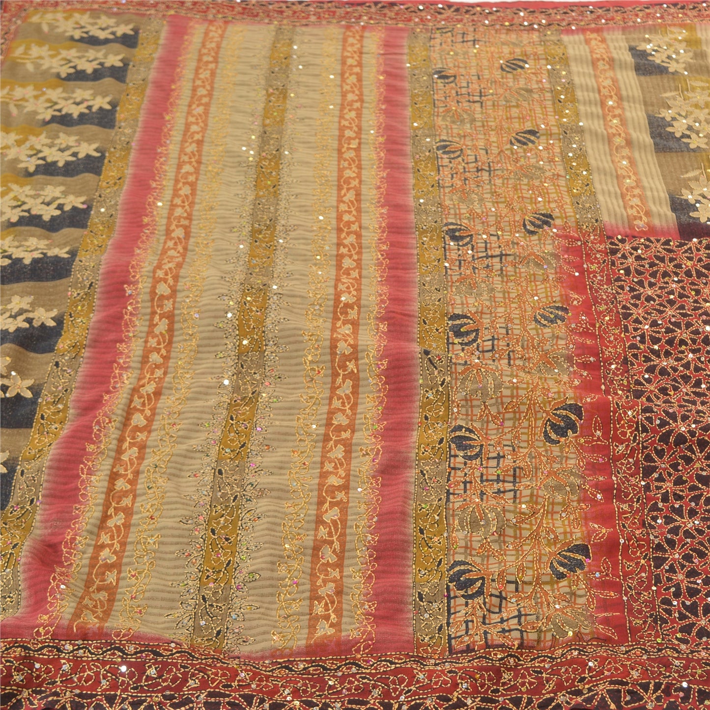 Sanskriti Vintage Indian Sarees Georgette Premium Sari Hand Beaded Kantha Sustainable Fabric