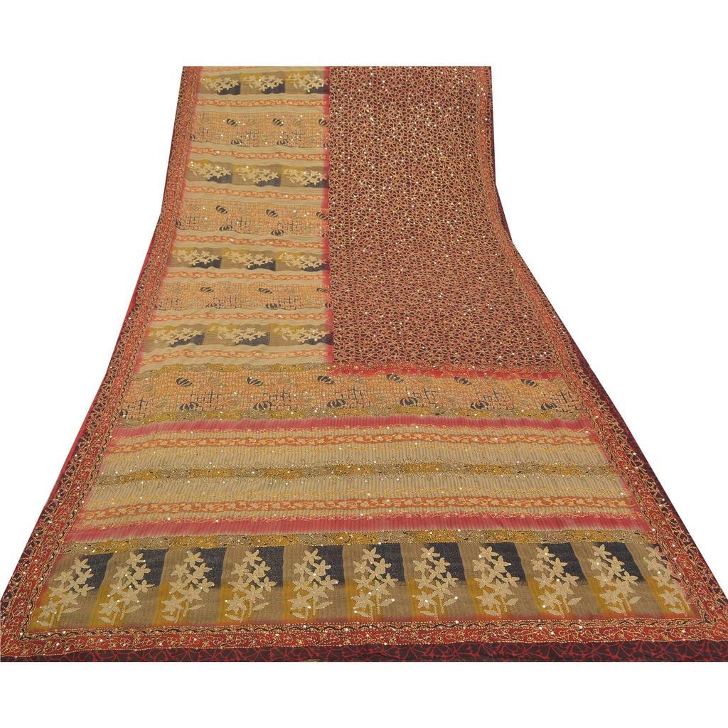Sanskriti Vintage Indian Sarees Georgette Premium Sari Hand Beaded Kantha Sustainable Fabric