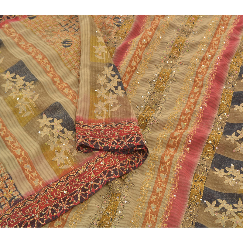 Sanskriti Vintage Indian Sarees Georgette Premium Sari Hand Beaded Kantha Sustainable Fabric