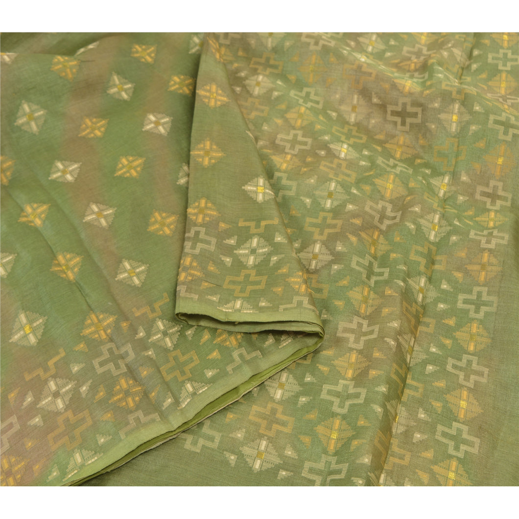 Sanskriti Vintage Green Sarees Pure Silk Hand-Woven Sari Craft 5 Yard Fabric