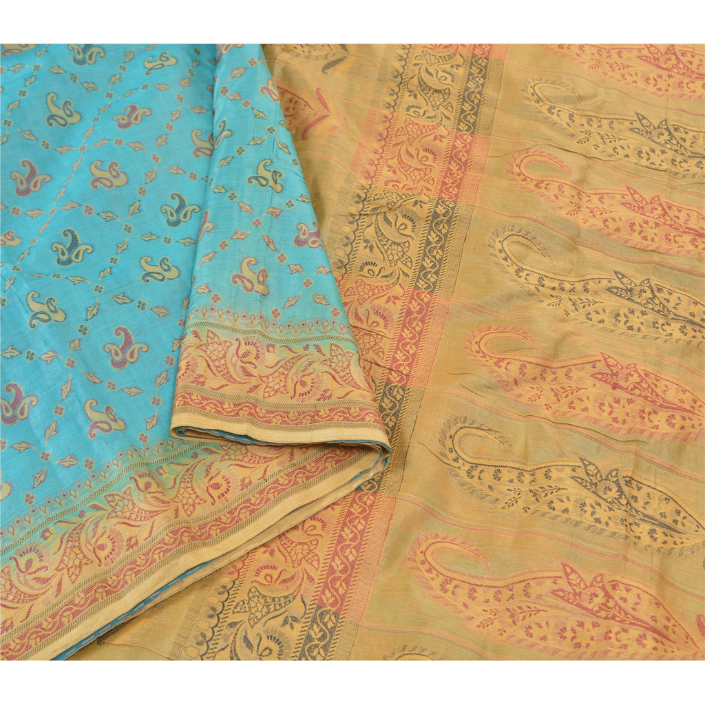 Sanskriti Vintage Turquoise Sarees Pure Silk Hand-Woven Premium Sari Sustainable Fabric