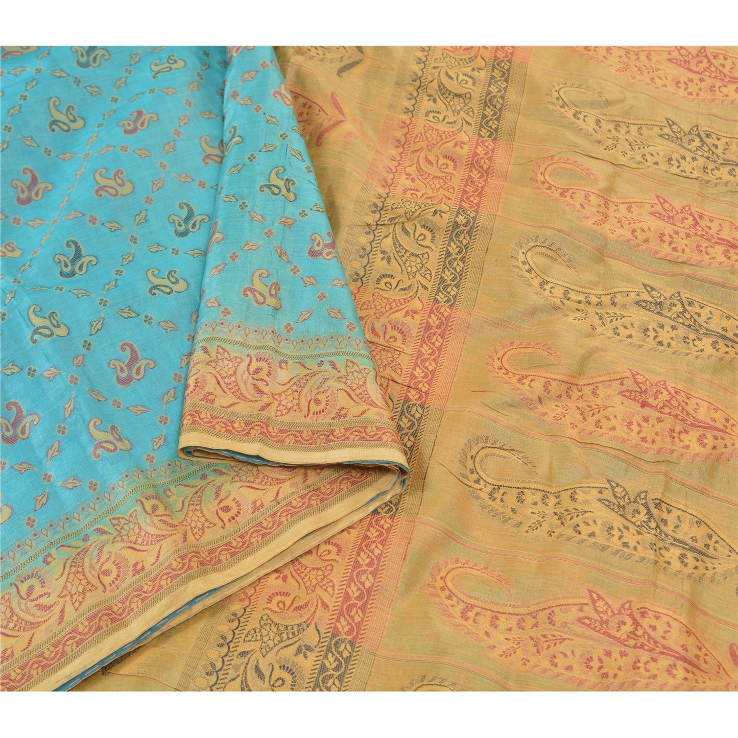 Sanskriti Vintage Turquoise Sarees Pure Silk Hand-Woven Premium Sari Sustainable Fabric