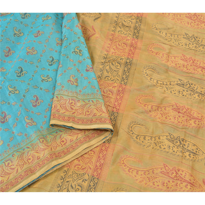 Sanskriti Vintage Turquoise Sarees Pure Silk Hand-Woven Premium Sari Sustainable Fabric