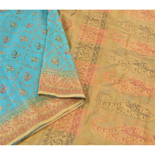 Sanskriti Vintage Turquoise Sarees Pure Silk Hand-Woven Premium Sari Sustainable Fabric