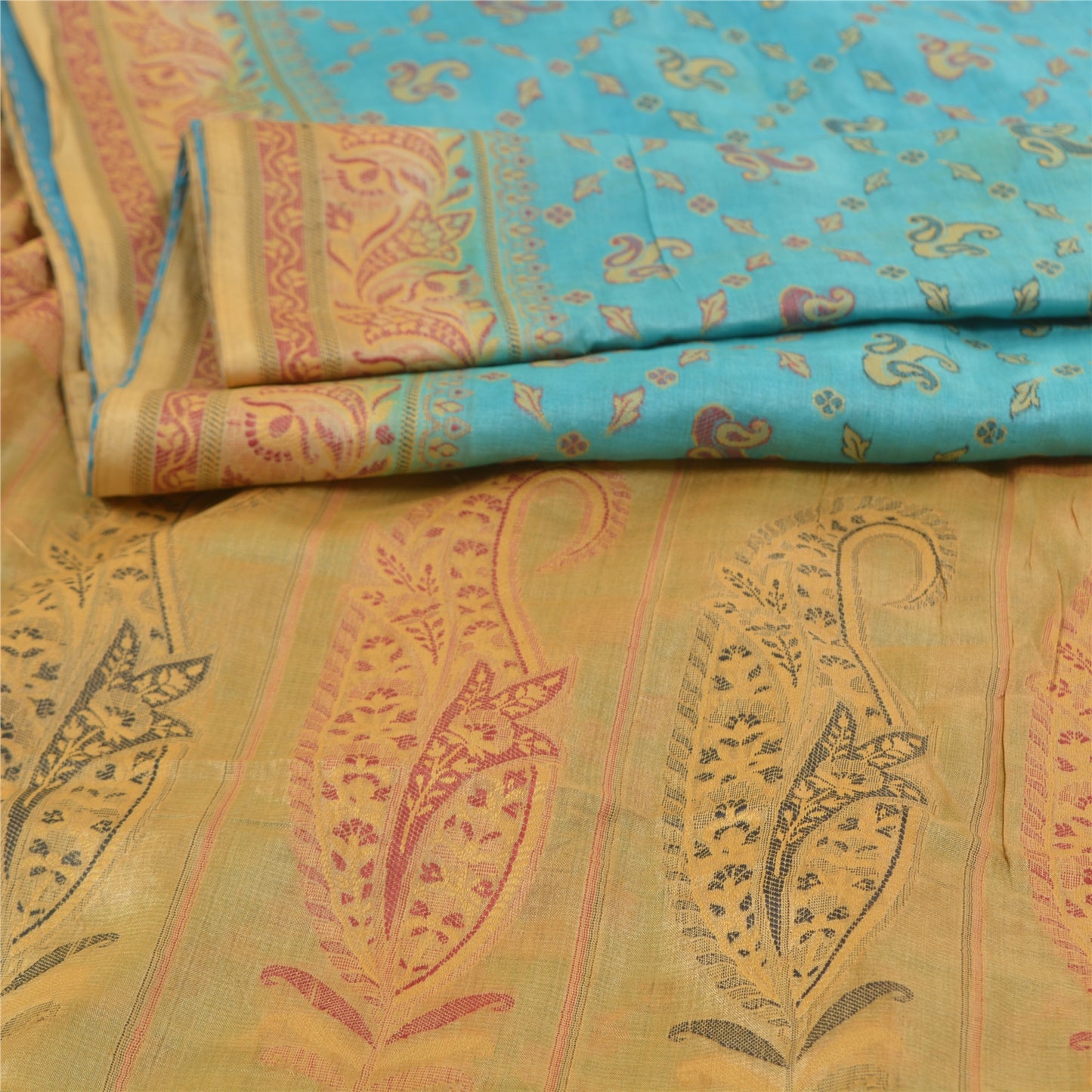 Sanskriti Vintage Turquoise Sarees Pure Silk Hand-Woven Premium Sari Sustainable Fabric