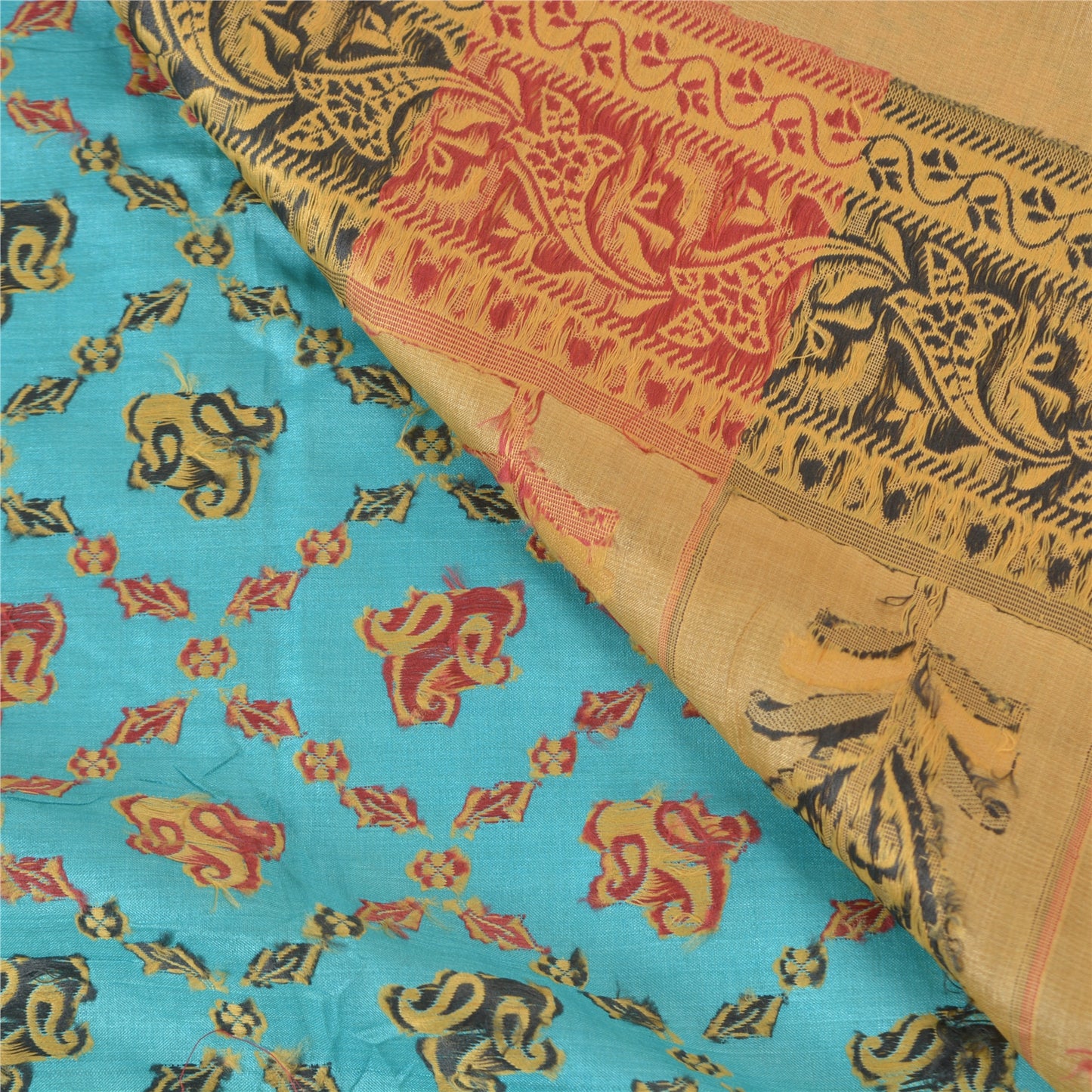Sanskriti Vintage Turquoise Sarees Pure Silk Hand-Woven Premium Sari Sustainable Fabric