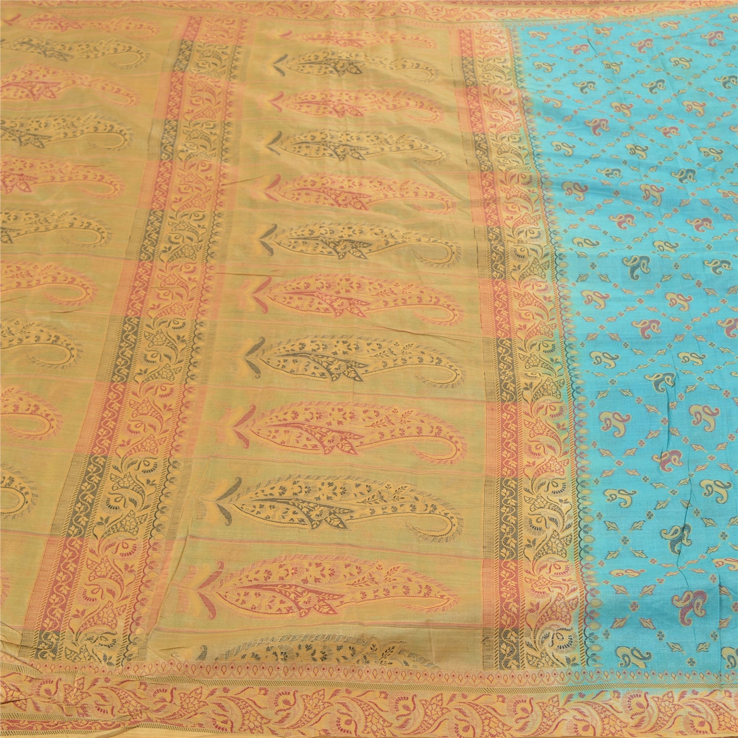 Sanskriti Vintage Turquoise Sarees Pure Silk Hand-Woven Premium Sari Sustainable Fabric