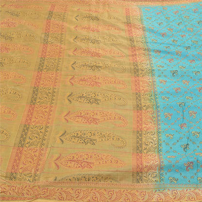 Sanskriti Vintage Turquoise Sarees Pure Silk Hand-Woven Premium Sari Sustainable Fabric