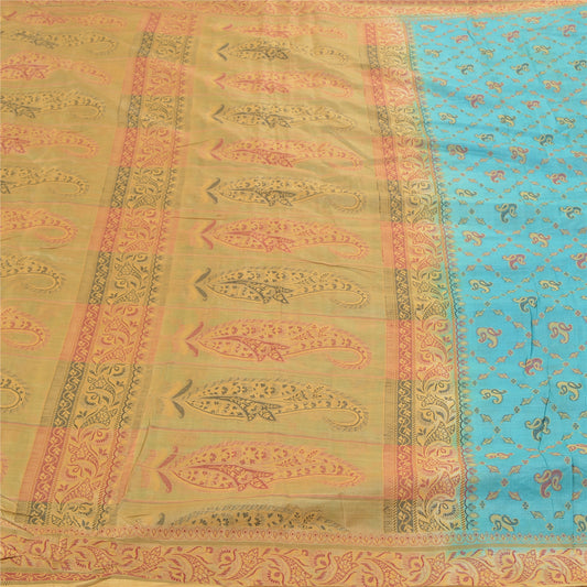 Sanskriti Vintage Turquoise Sarees Pure Silk Hand-Woven Premium Sari Sustainable Fabric