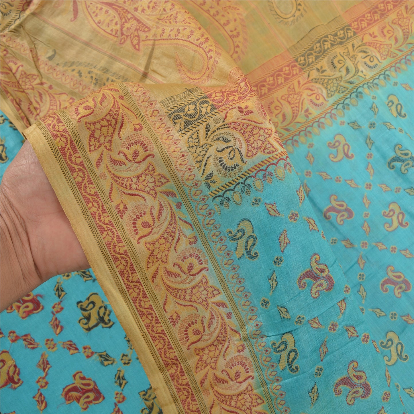 Sanskriti Vintage Turquoise Sarees Pure Silk Hand-Woven Premium Sari Sustainable Fabric