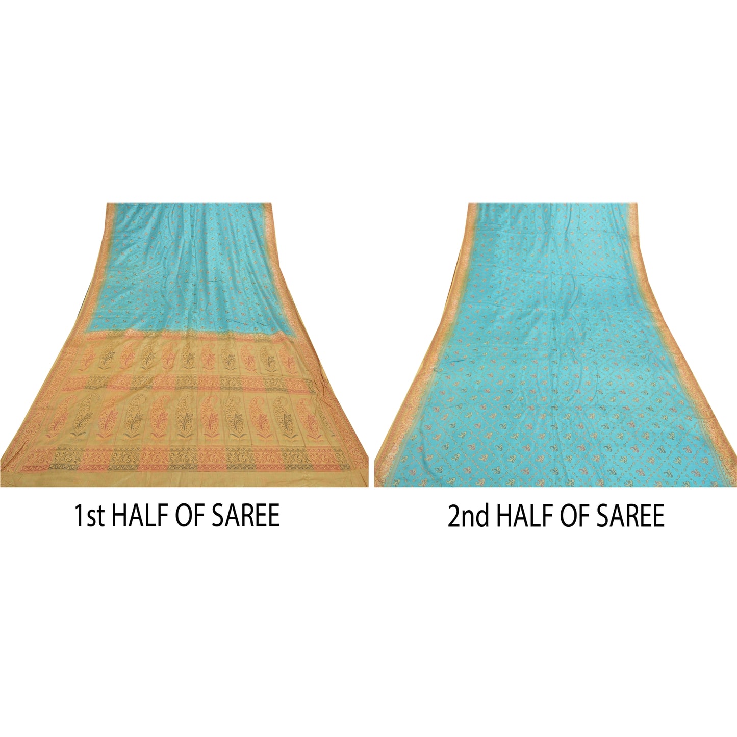 Sanskriti Vintage Turquoise Sarees Pure Silk Hand-Woven Premium Sari Sustainable Fabric