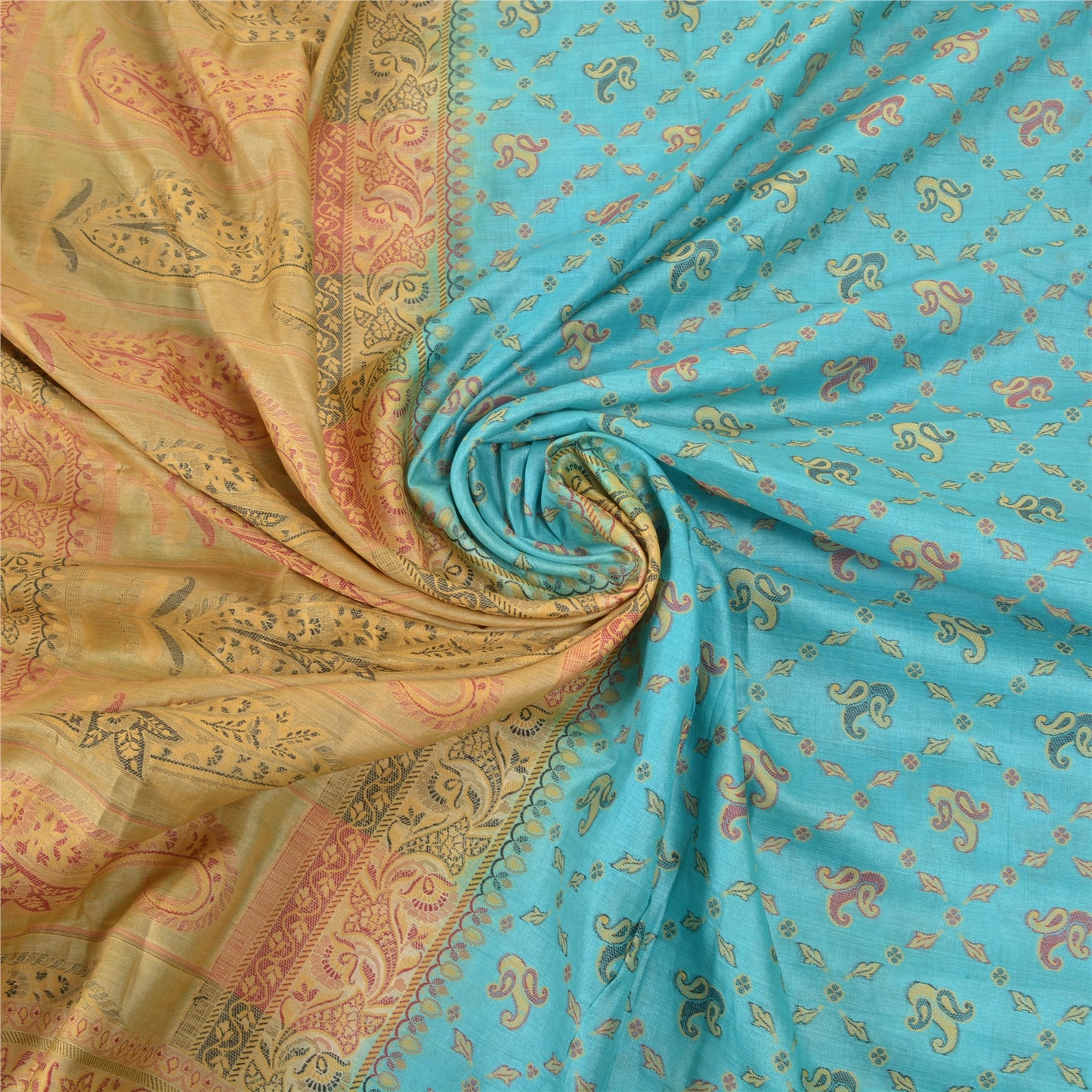 Sanskriti Vintage Turquoise Sarees Pure Silk Hand-Woven Premium Sari Sustainable Fabric