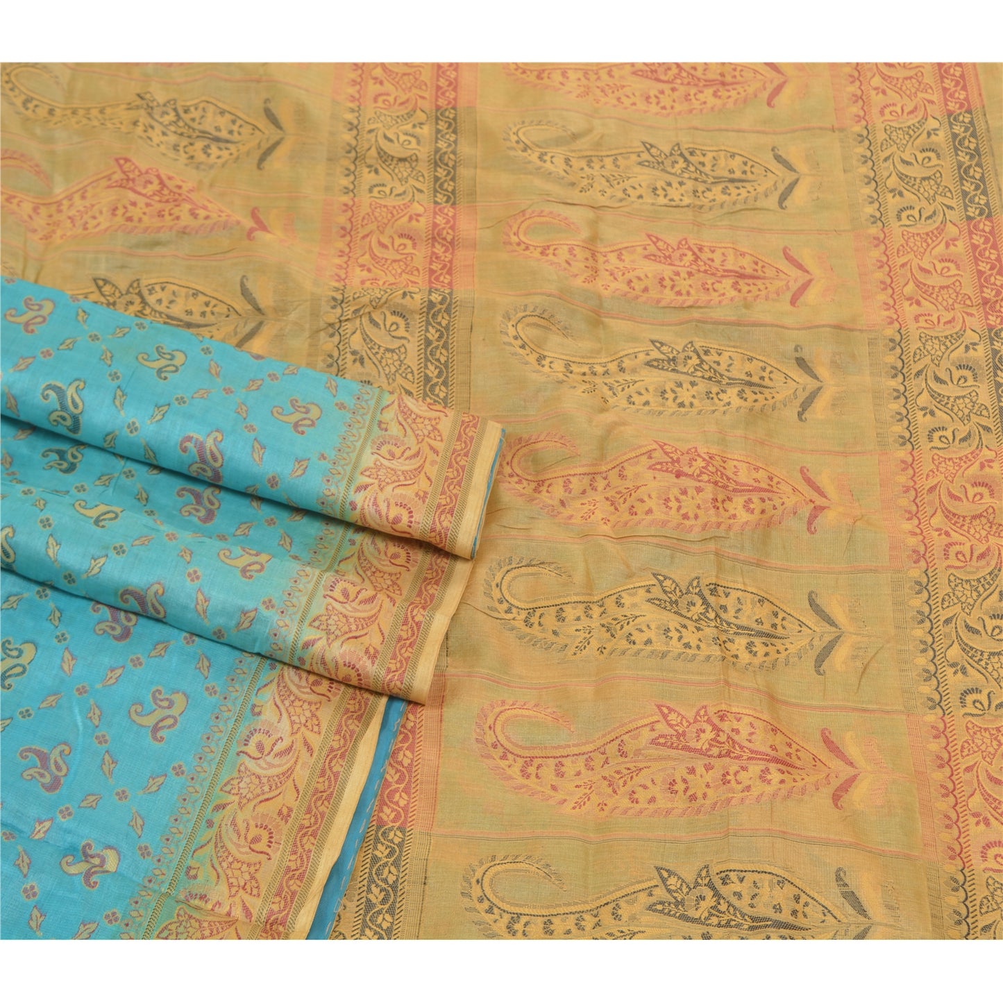 Sanskriti Vintage Turquoise Sarees Pure Silk Hand-Woven Premium Sari Sustainable Fabric