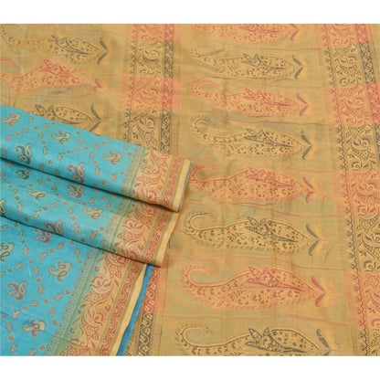 Sanskriti Vintage Turquoise Sarees Pure Silk Hand-Woven Premium Sari Sustainable Fabric