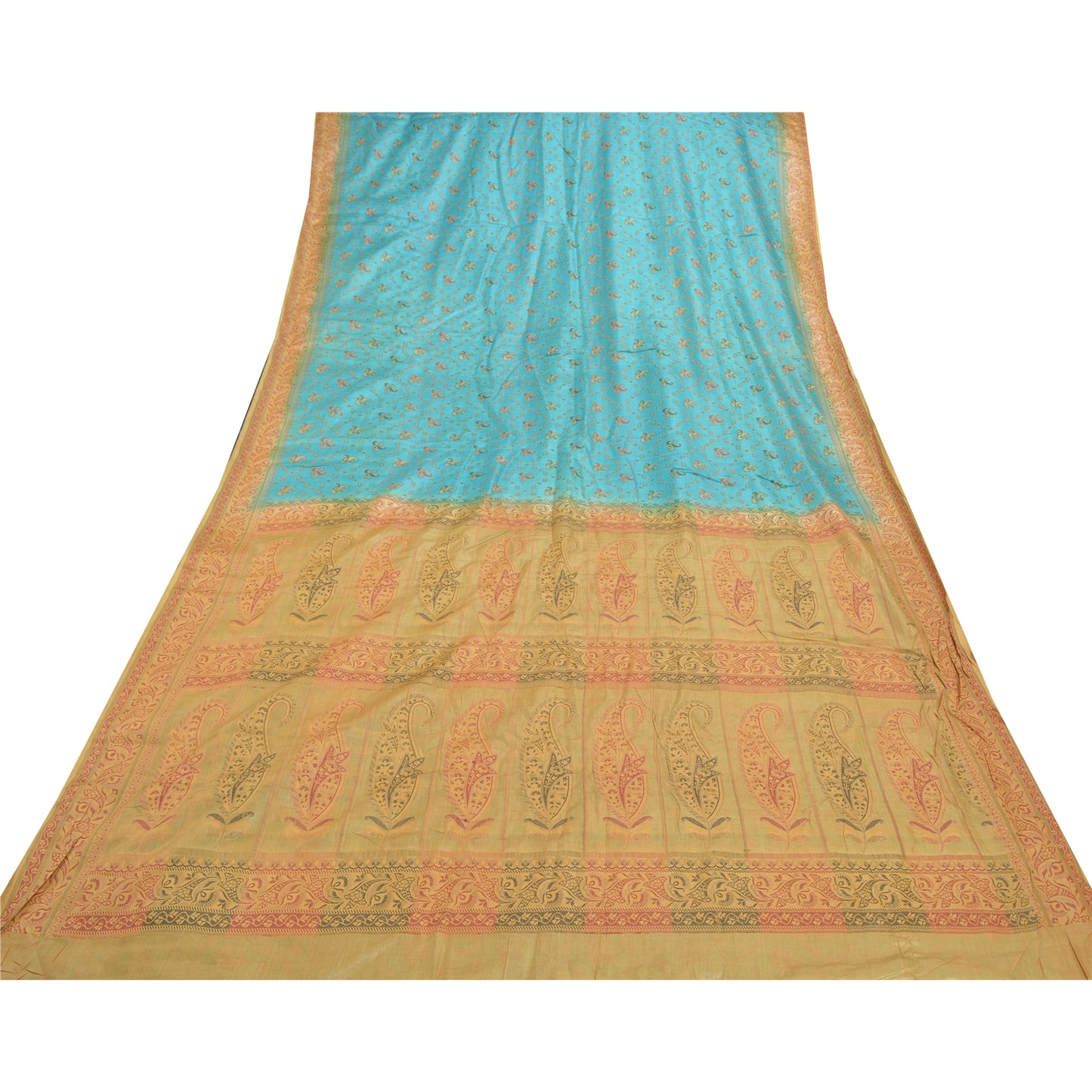 Sanskriti Vintage Turquoise Sarees Pure Silk Hand-Woven Premium Sari Sustainable Fabric