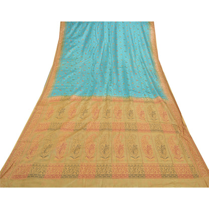 Sanskriti Vintage Turquoise Sarees Pure Silk Hand-Woven Premium Sari Sustainable Fabric