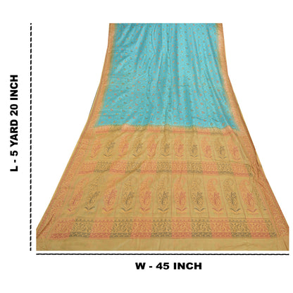 Sanskriti Vintage Turquoise Sarees Pure Silk Hand-Woven Premium Sari Sustainable Fabric