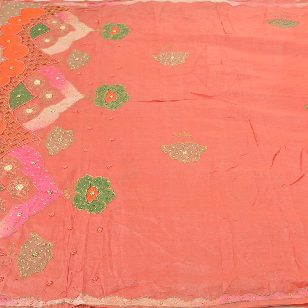 Sanskriti Vintage Peach Sarees 100% Pure Silk Hand Beaded Sari Craft Fabric