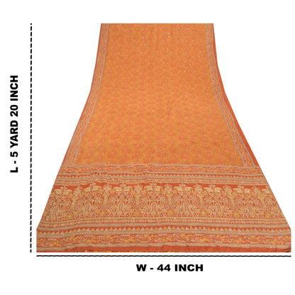 Sanskriti Vintage Orange Sarees Pure Silk Sari Hand Beaded Kantha 5 Yard Sustainable Fabric