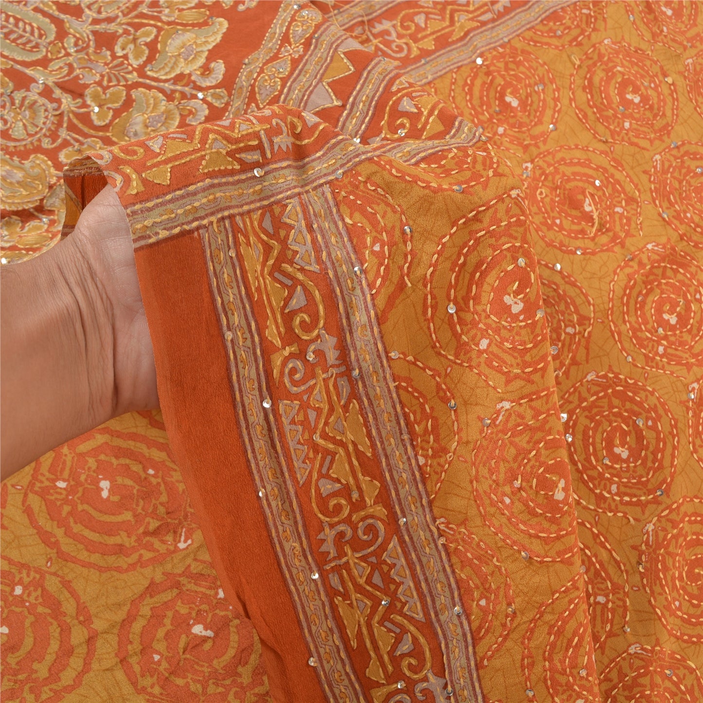 Sanskriti Vintage Orange Sarees Pure Silk Sari Hand Beaded Kantha 5 Yard Sustainable Fabric