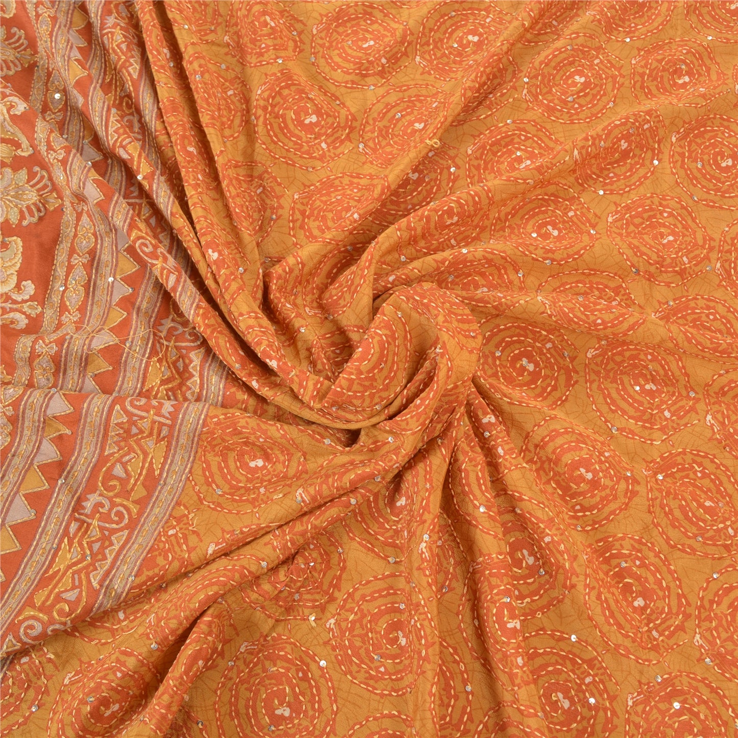 Sanskriti Vintage Orange Sarees Pure Silk Sari Hand Beaded Kantha 5 Yard Sustainable Fabric