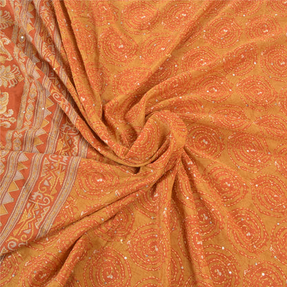 Sanskriti Vintage Orange Sarees Pure Silk Sari Hand Beaded Kantha 5 Yard Sustainable Fabric