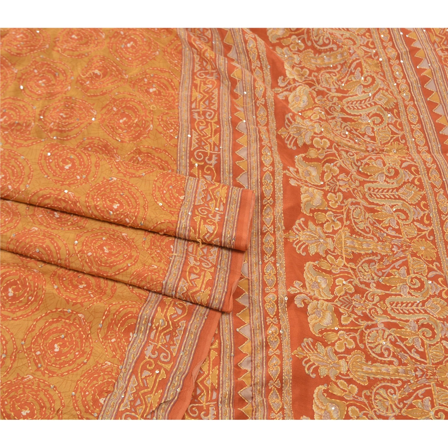 Sanskriti Vintage Orange Sarees Pure Silk Sari Hand Beaded Kantha 5 Yard Sustainable Fabric