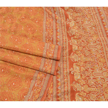 Sanskriti Vintage Orange Sarees Pure Silk Sari Hand Beaded Kantha 5 Yard Sustainable Fabric