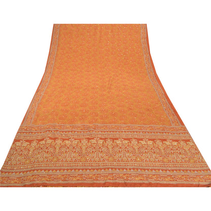 Sanskriti Vintage Orange Sarees Pure Silk Sari Hand Beaded Kantha 5 Yard Sustainable Fabric