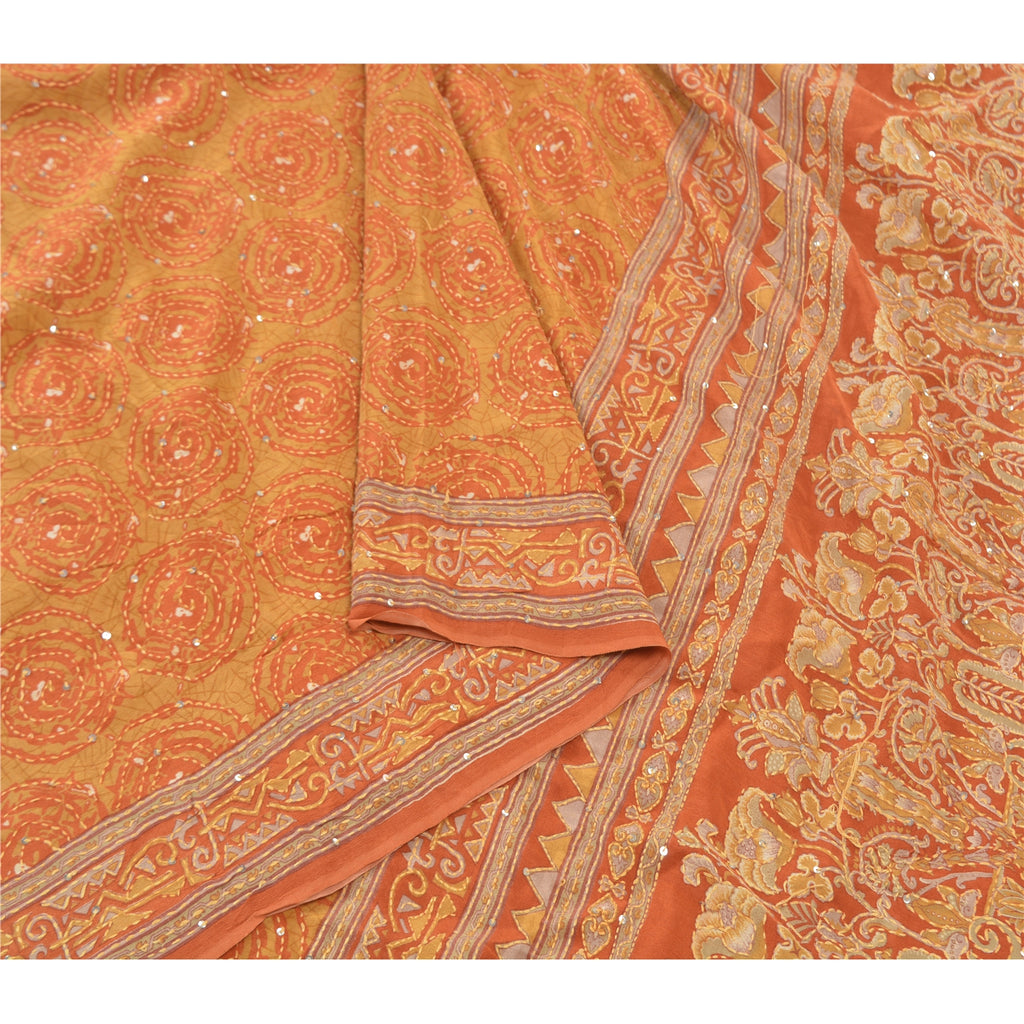 Sanskriti Vintage Orange Sarees Pure Silk Sari Hand Beaded Kantha 5 Yard Sustainable Fabric