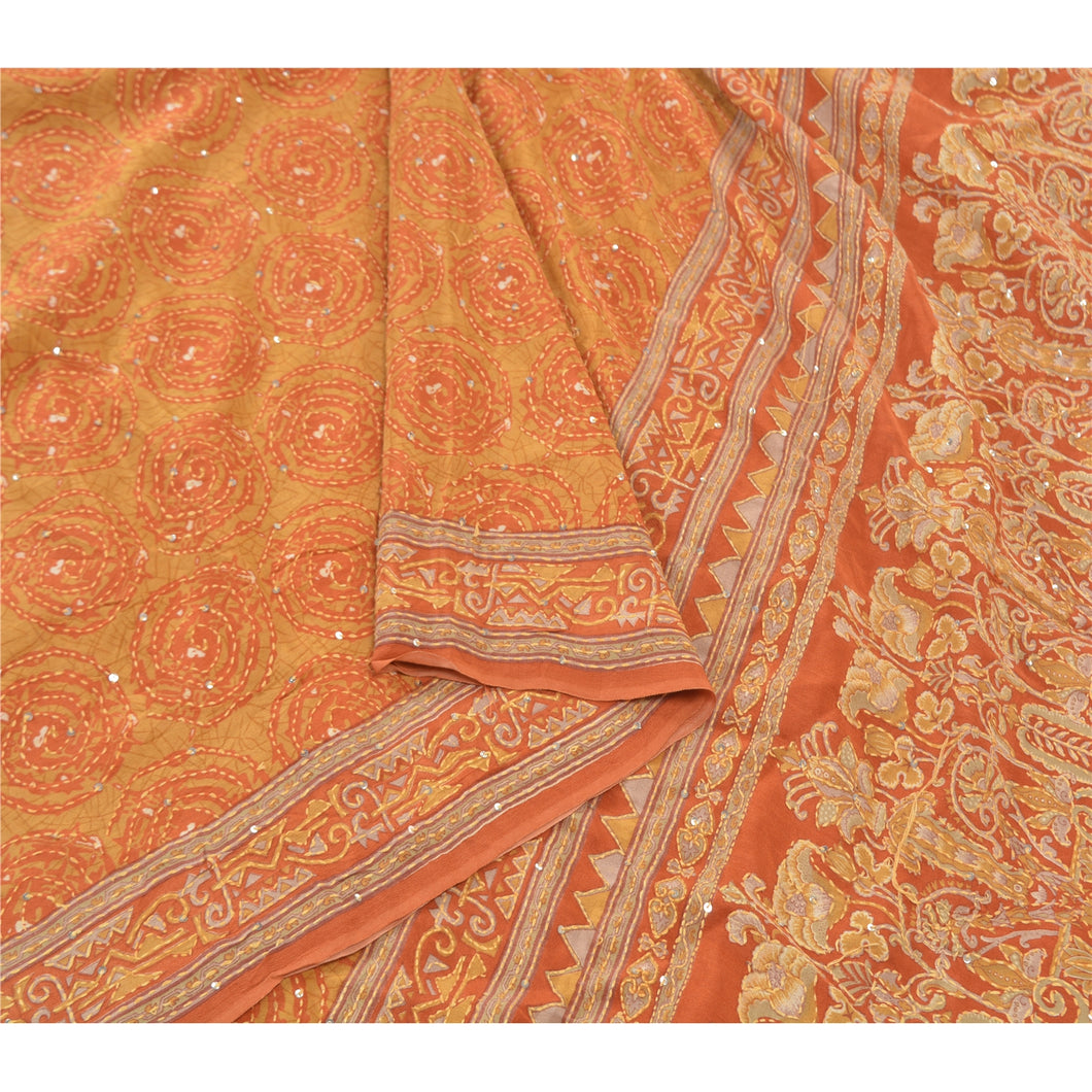 Sanskriti Vintage Orange Sarees Pure Silk Sari Hand Beaded Kantha 5 Yard Fabric