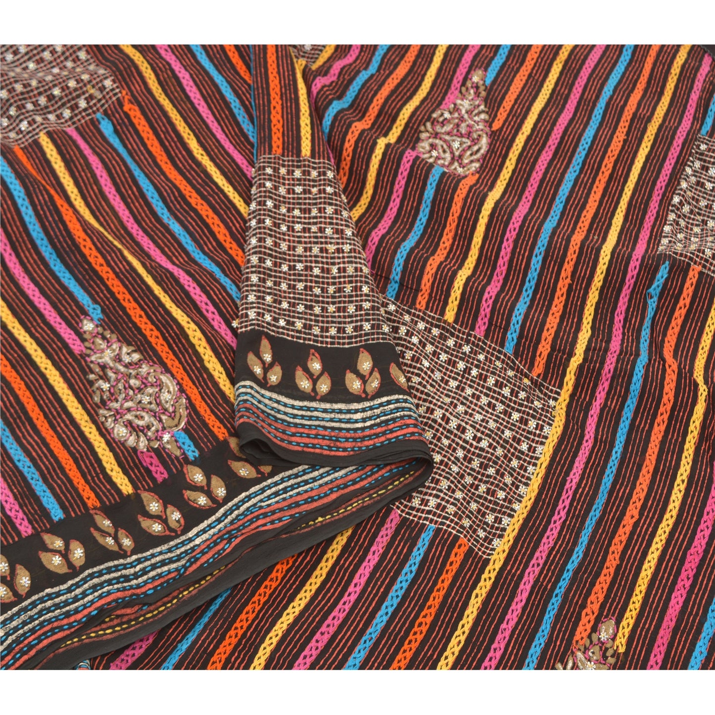 Sanskriti Vintage Sarees Blend Georgette Hand Beaded Cultural Craft Sari Sustainable Fabric